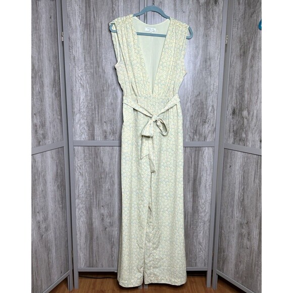 Derek Lam Jumpsuit Deep V Neckline Sleeveless Yellow Floral Print Wide Leg Sz 48 - Picture 2 of 15